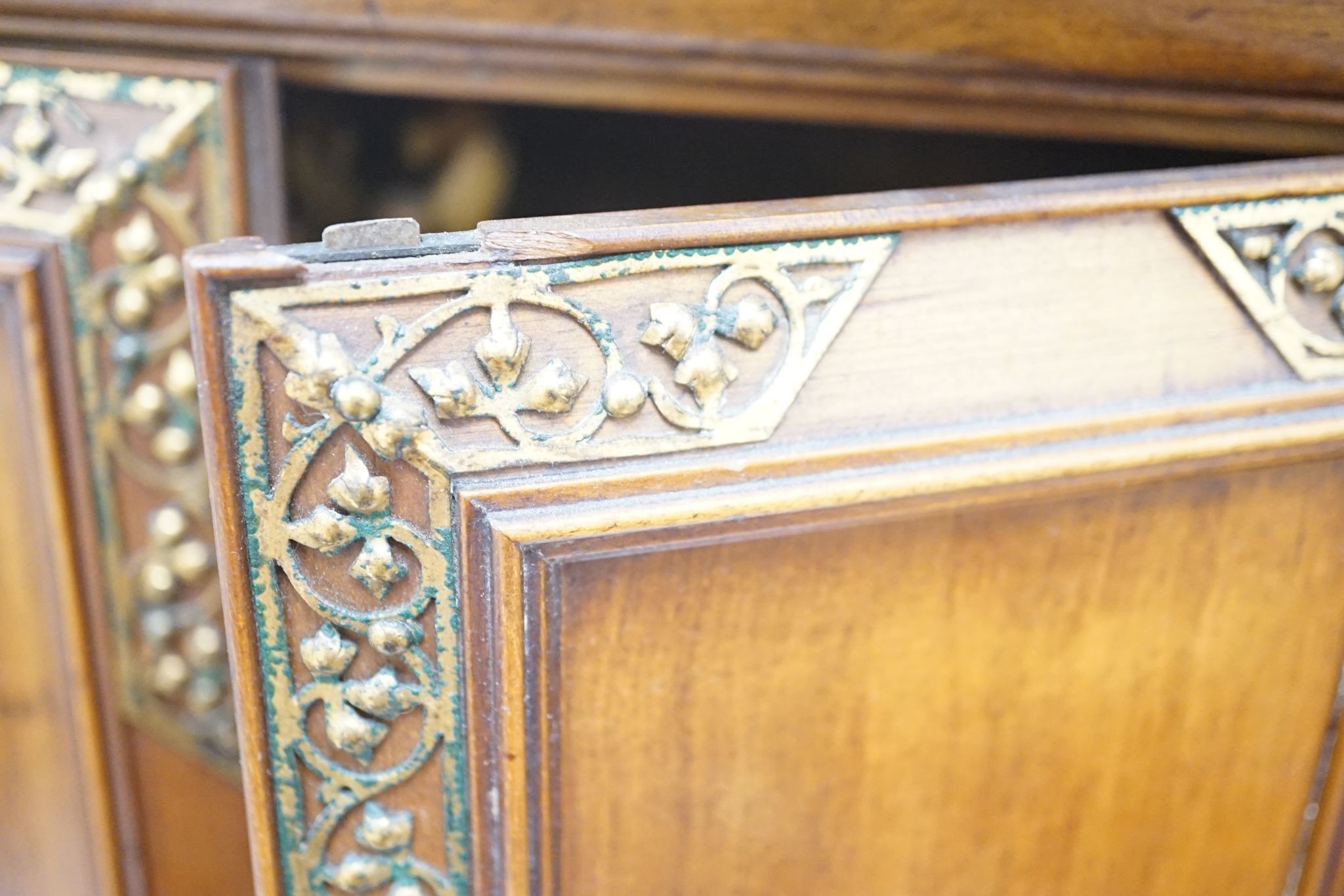 A late 19th century gilt metal mounted walnut games cabinet, W.40cm D.19cm H.49cm